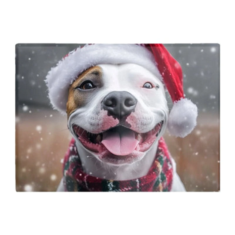 Image of Warren Reed Designer Snowy Christmas Staffy Bull Terrier Dog Glass Chopping Board