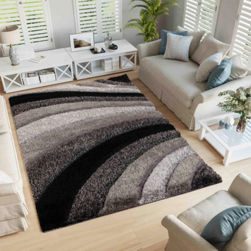 Image of Modern Soft Waves Shimmer Shaggy Area Rugs Grey 80X150 Cm