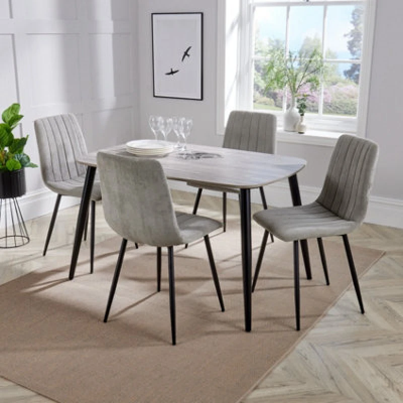 Image of Core Products Aspen Grey Oak Effect 120Cm Rectangular Dining Table With 4 Light Grey Cord Fabric Straight Stitch Design Chairs
