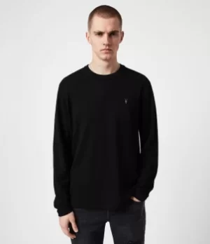 Image of AllSaints Mens Dexter Long Sleeve Crew T-Shirt, Jet Black, Size: M