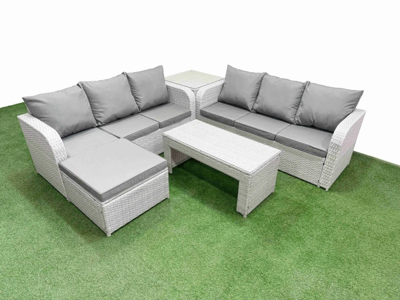 Image of Fimous Outdoor Garden Furniture Sets 7 Seater Wicker Rattan Furniture Sofa Sets with Oblong Coffee Table high Back Lounge Sofa Big Footstool Side Tabl