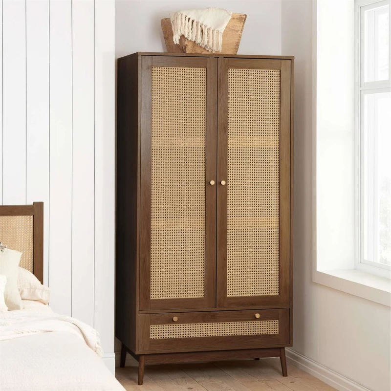 Image of Birlea Croxley Rattan and Walnut 2 Door 1 Drawer Wardrobe