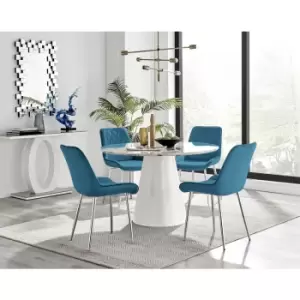 Image of Furniturebox Palma White Marble Effect 120cm Round Minimalist Dining Table & 4 Blue Pesaro Silver Leg Velvet Chairs