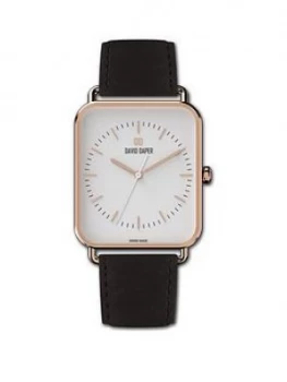 Image of David Daper David Daper White And Rose Gold 38Mm Tank Dial Black Leather Strap Watch