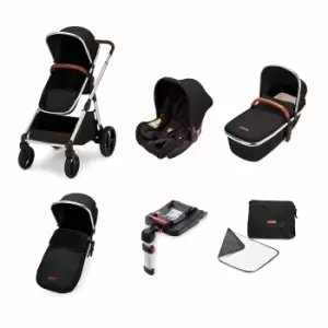 Image of Ickle Bubba Eclipse Travel System With Galaxy Car Seat And Isofix Base - Jet Black On Chrome With Tan Handles.