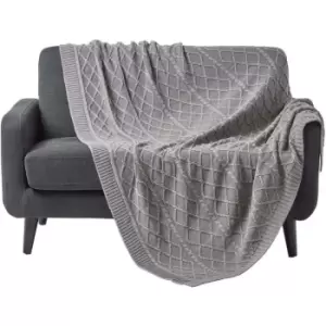 Image of Grey Diamond Cable Knit Cotton Throw, 150 x 200cm - Grey - Homescapes