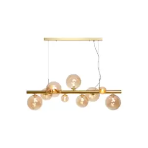 Image of Marshall Linear Ceiling Pendant, 9 Light G9, Satin Gold, Amber Plated Glass