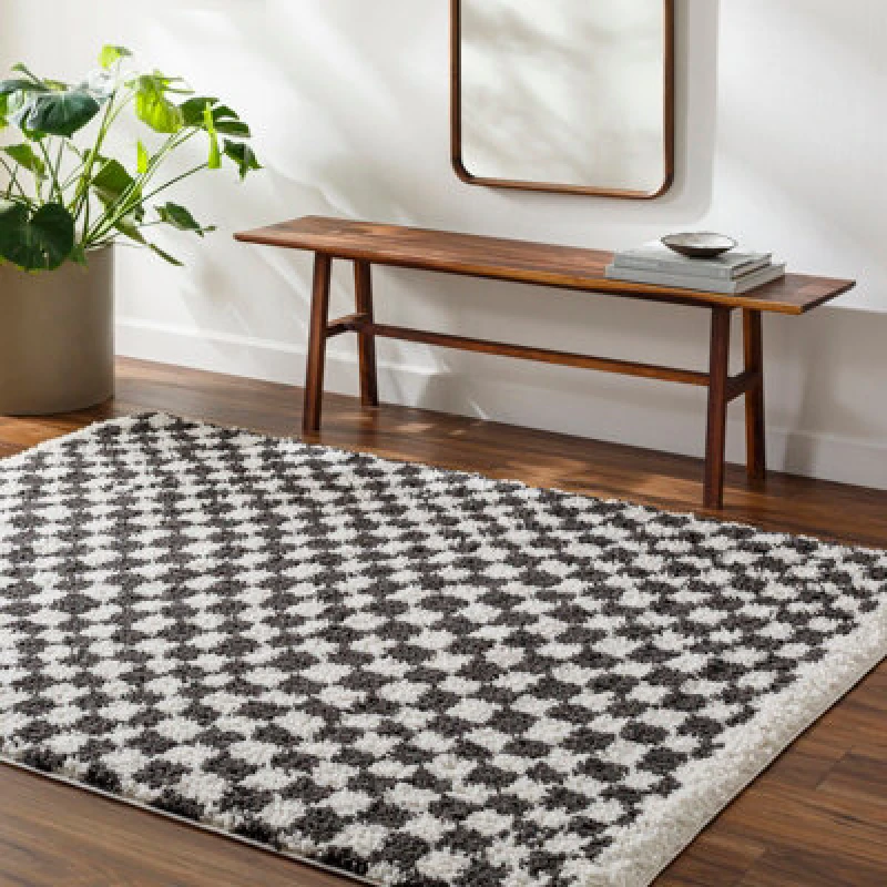 Image of Livabliss Shaggy Modern Plush Pile Dark Grey Checkered Kittu Area Rug 200 X 275cm - Easy Care, Ideal For Living Room & Bedroom