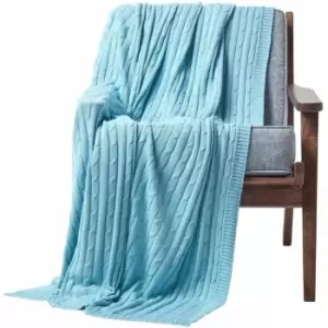 Image of Cotton Cable Knit Pastel Blue Throw, 130 x 170cm - Blue - Homescapes