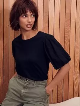 Image of Mint Velvet Broderie Woven Puff, Black, Size S, Women