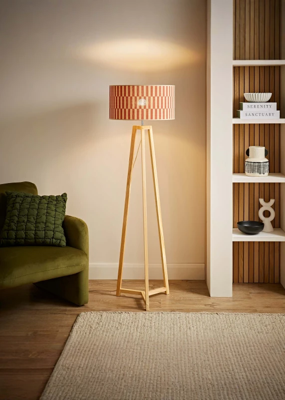 Image of ValueLights ValueLights Lottie Tripod Wooden Floor Lamp with Orange Checker Bamboo Lamp Shade Orange One Size Unisex 5059406067679