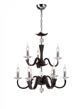 Image of Ceiling Pendant Chandelier 2 Tier 9 Light Polished Chrome Dark Brown Faux Leather, Crystal