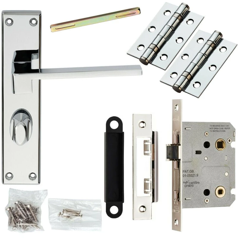 Image of Loops Door Handle & Bathroom Lock Pack Chrome Modern Slim Flat Thumb Turn Backplate Multi