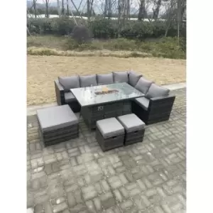 Image of Fimous 6 Seater Dark Grey Rattan Corner Sofa Dining Complete Set with Gas Firepit, 2 Stools and Big Footstool