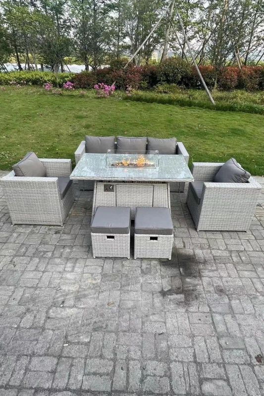 Image of Fimous Rattan Garden Furniture Set Gas Fire Pit Dining Table Set Heater Burner Chairs Light Grey
