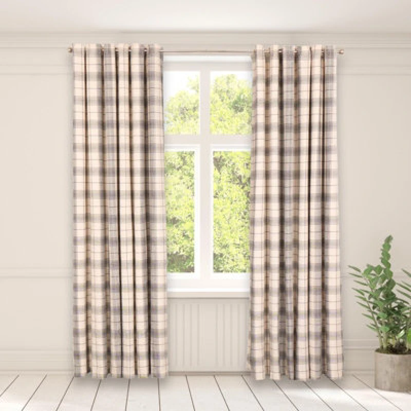Image of OHS OHS Pair Of Woven Check Eyelet Curtains Textured in Cream Size: 228cm width x 228cm drop Cream 228cm width x 228cm drop Unisex 5027434179336