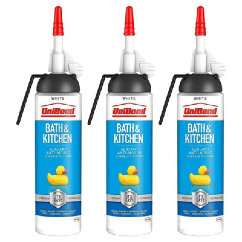 Image of Unibond Mould Resistant Bath & Kitchen Silicone Sealant White, 104G, 3Pk