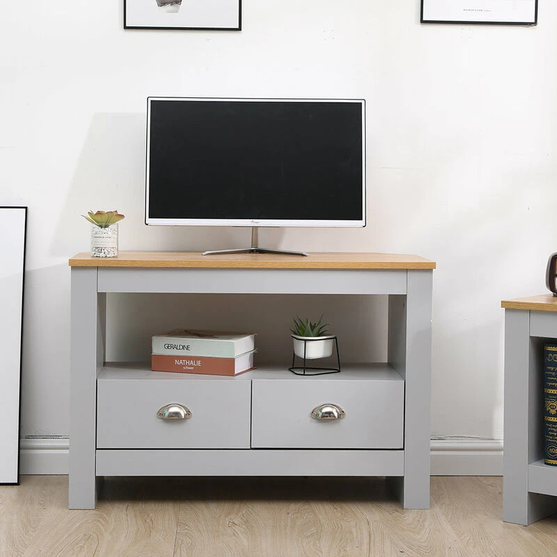 Image of FURNITURE HMD FURNITURE HMD Corner TV Stand Cabinet TV Unit with 2 Drawers,Grey-85x39x58cm(WxDxH) 25389-HMD