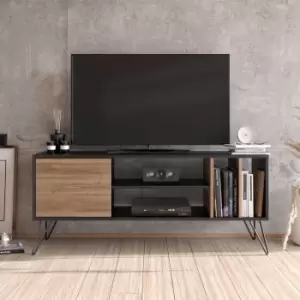 Image of Decorotika Mistico 140 Cm Wide Modern Metal TV Stand, TV Console, TV Unit, Media Centre, Media Console With Open Shelves And Cabinet - Black & Walnut