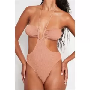 Image of I Saw It First Chocolate Crinkle Rib U Bar Cut Out Halterneck Swimsuit - Brown