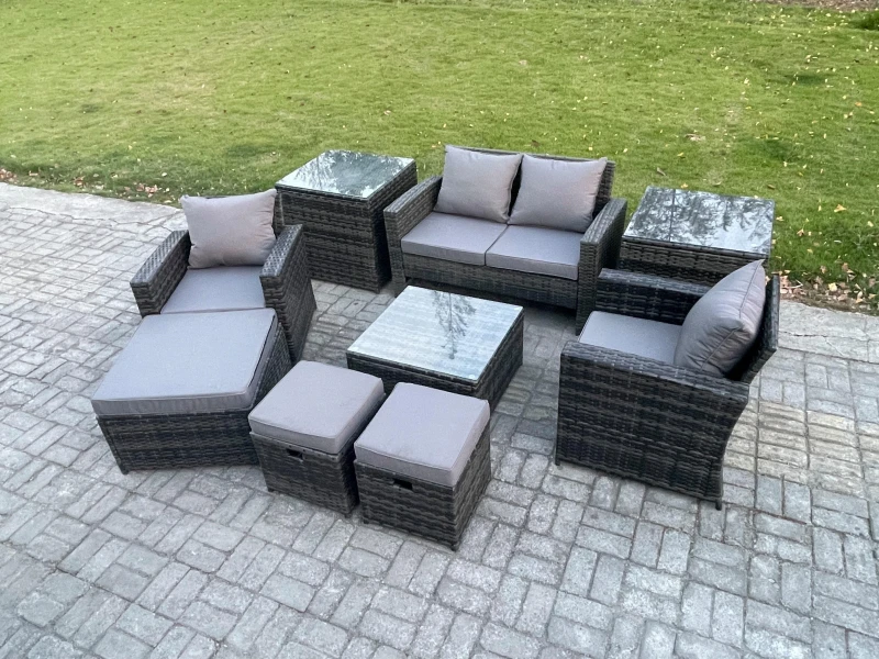 Image of Fimous Rattan Wicker Garden Furniture Patio Conservatory Sofa Set with Square Coffee Table Armchair 2 Seater Sofa in Dark Grey Dark Grey Unisex