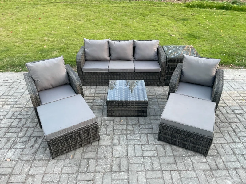 Image of Fimous Patio Garden Furniture Sets Wicker 7 Seater Outdoor Rattan Furniture Sofa Sets with Square Coffee Table Side Table Dark Grey