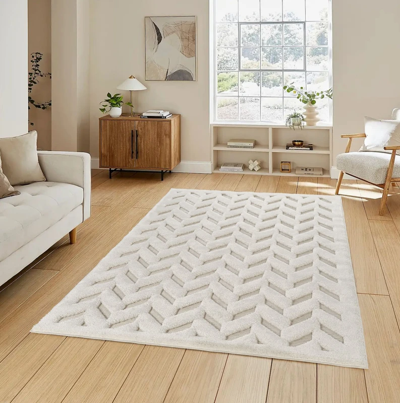 Image of Freya Living Room Area Rug Contemporary 3D Embossed Modern Herringbone Design - Cream 120Cm X 170Cm
