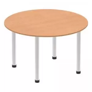 Image of Impulse 1200mm Round Table Oak Top Brushed Aluminium Post Leg