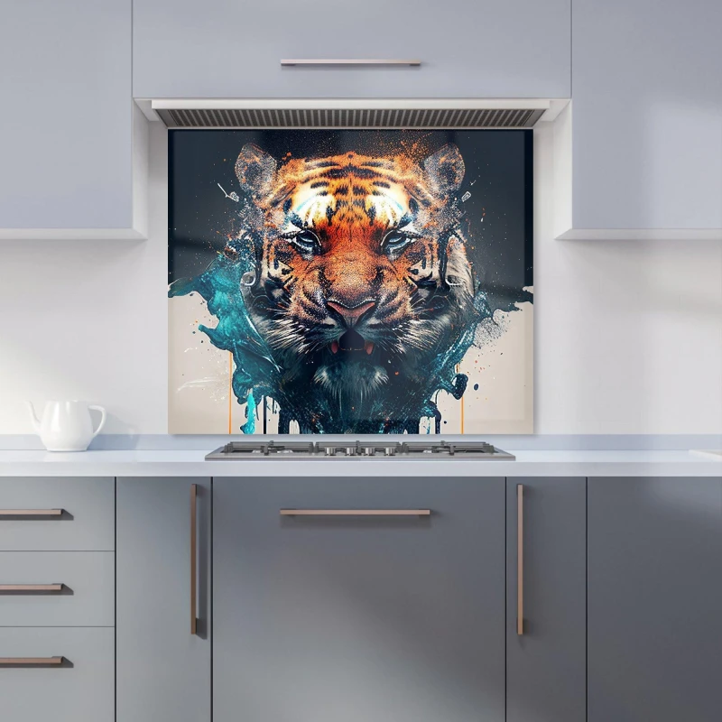 Image of Warren Reed - Designer Tiger Face Splashart Kitchen Splashback in Brown Size: 700mm x 750mm Brown Unisex 700mm x 750mm
