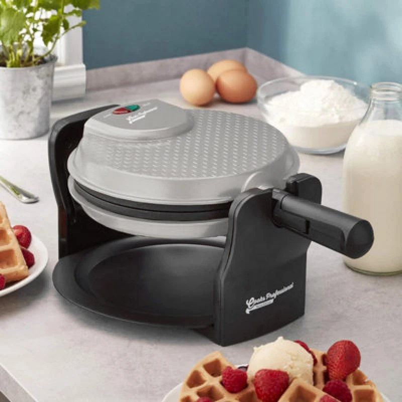 Image of Cooks Professional Rotary Waffle Maker Machine 920W With Non-Stick Cooking Plates, Lock, Folding Handle & Drip Tray - Grey
