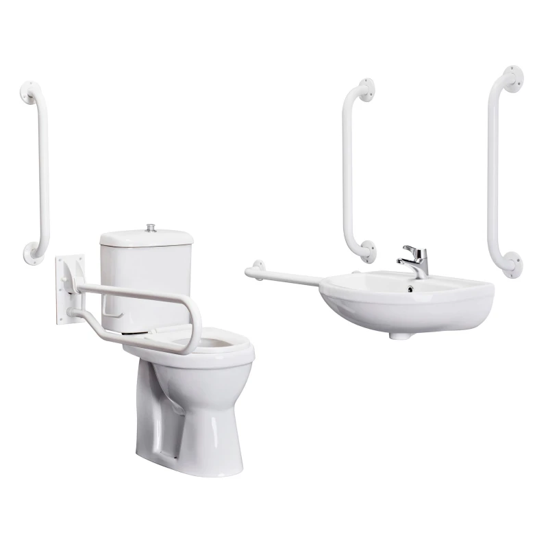 Image of Balterley Comfort Height Pan Cistern Seat Basin Tap 5 Grab Rails Drop Down Rail White