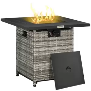 Image of Outsunny Outdoor PE Rattan Gas Fire Pit Table, Patio Square Propane Heater with Rain Cover, Mesh Lid and Lava Stone, 40,000 BTU, Mixed Grey