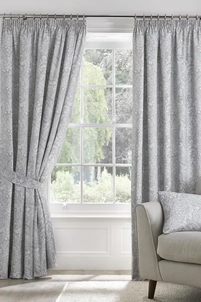 Image of 'Aveline' 100% Cotton Pair of Pencil Pleat Curtains With Tie-Backs