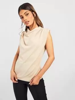 Image of Boohoo Cowl Neck Crepe Shoulder Padded Blouse - Stone, Grey, Size 16, Women