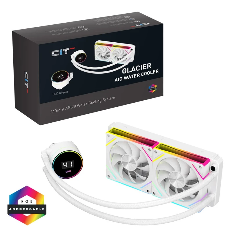 Image of CiT Pro Glacier 240mm LCD Temperature Display AIO Liquid Cooler - White - CIT-PRO-GLW-240-LCD