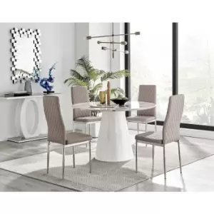 Image of Furniturebox Palma White Marble Effect 120cm Round Minimalist Dining Table & 4 Cappuccino Milan Chrome Leg Faux Leather Chairs