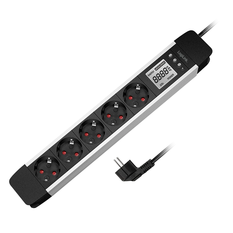 Image of LogiLink Outlet Strip. 5 safety sockets. w/ power meter. aluminum