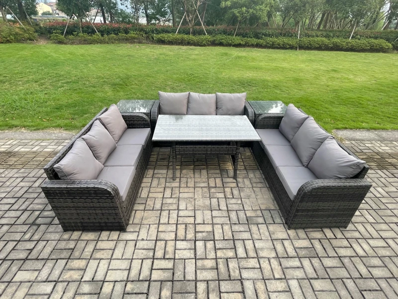 Image of Fimous Rattan Garden Furniture Set with Oblong Rectangular Dining Table 2 Side Tables 9 Seater Outdoor Lounge Sofa Set Dark Grey Mixed Dark Grey Unise