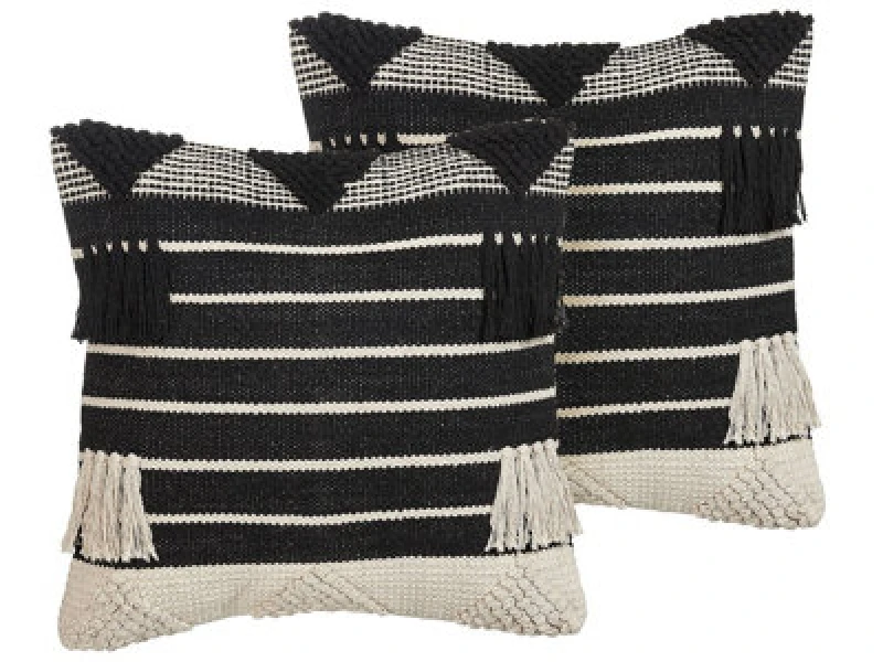 Image of Beliani Set Of 2 Decorative Cushions Chittoor Cotton 50 X 50 Cm Black Geometric Pattern