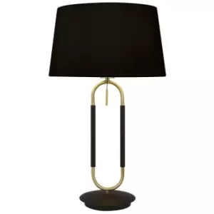 Image of Searchlight Jazz 1 Light Table Lamp, Satin Brass And Black Velvet Shade Pull Switch