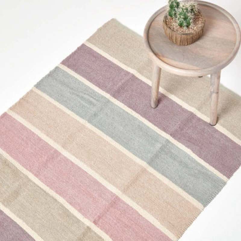 Image of Homescapes Cotton Chenille Striped Rug Blue Beige Purple Grey Natural, 60 X 100 Cm