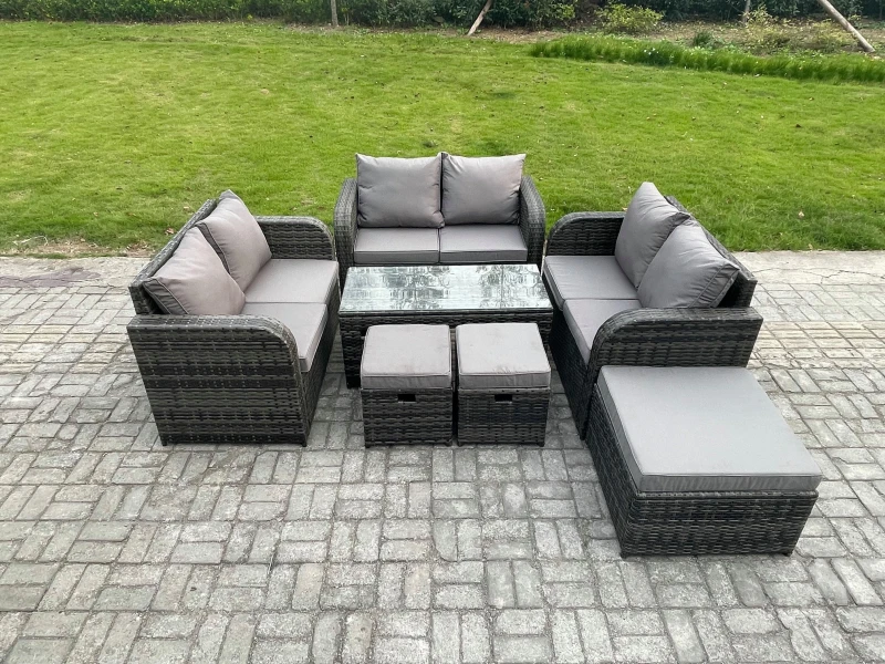 Image of Fimous Outdoor Garden Furniture Sets 7 Pieces Wicker Rattan Furniture Sofa Sets with Rectangular Coffee Table Love seat Sofa 3 Footstools Dark Grey