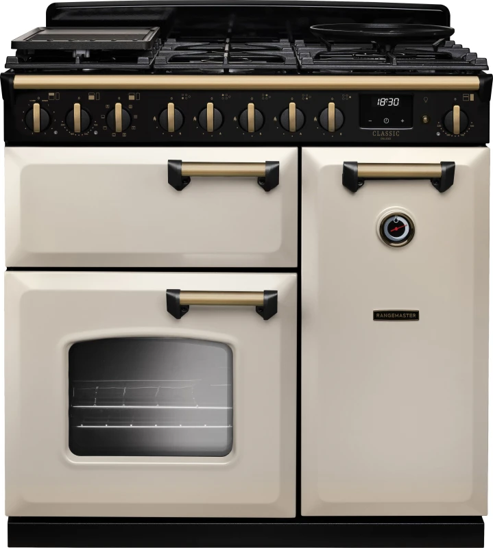 Image of Rangemaster Classic Deluxe 90 CLDL90DFPPCR/AB1 90cm wide Dual Fuel Range Cooker with Gas Hob - Cream / Antique Brass - A Rated