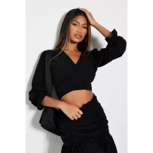 Image of I Saw It First Puff Sleeve Wrap Front Crop Top Co-Ord - Black