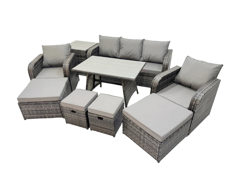 Image of Fimous Garden Rattan Furniture Set 9 Seater with Side Table 2 Big Stool in Dark Grey Dark Grey Unisex