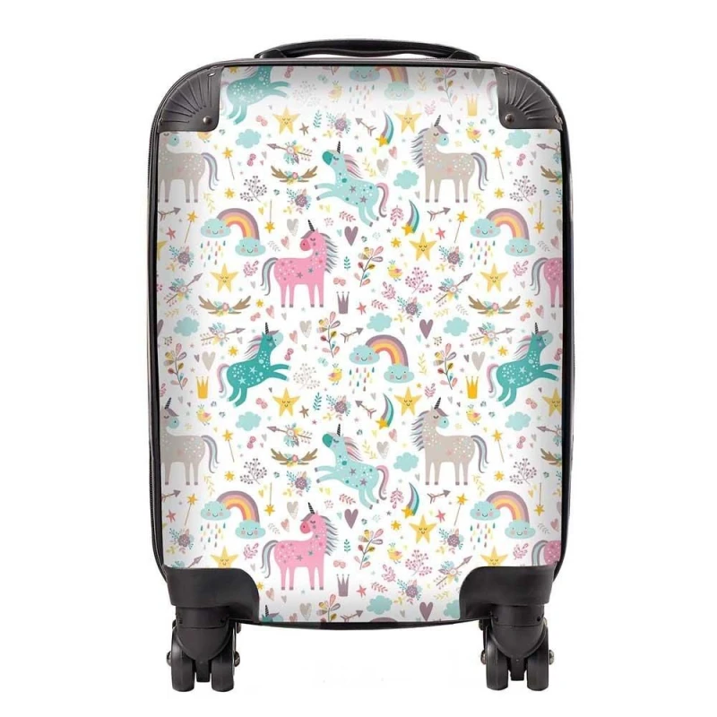 Image of Warren Reed - Designer Unicorn & Rainbows Suitcase in Blue Size: Cabin Blue Unisex Cabin