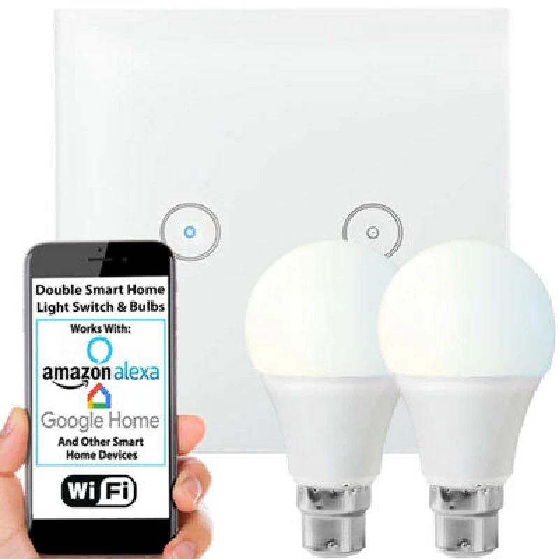 Image of Loops WiFi Light Switch & Bulb 2x 10W B22 Cool White Lamp & Double Wireless Wall Plate White