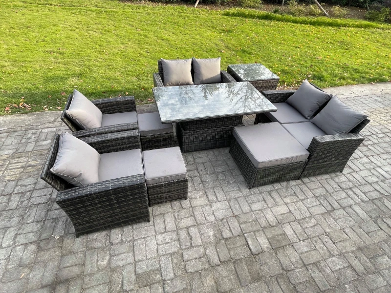 Image of Fimous Outdoor Garden Furniture Sets 9 Pieces Wicker Rattan Furniture Sofa Dining Table Set with 3 Footstools Side Table in Dark Grey Dark Grey Unisex
