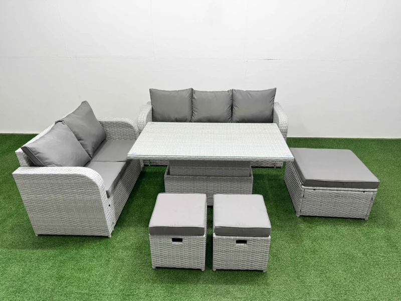 Image of Fimous 8 Seater PE Rattan Wicker Garden Furniture Patio Conservatory Sofa Set with Adjustable Lifting Dining or Coffee Table 3 Seater Sofa Love Sofa 3