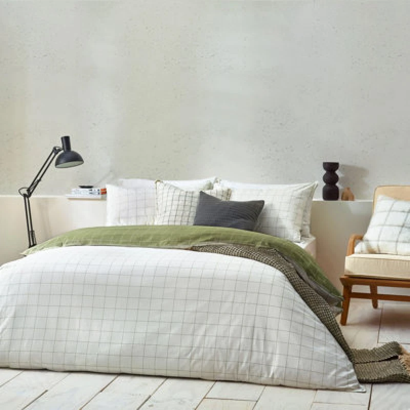Image of Howarth Check Duvet Cover Set Moss/Natural, Moss/Natural / King